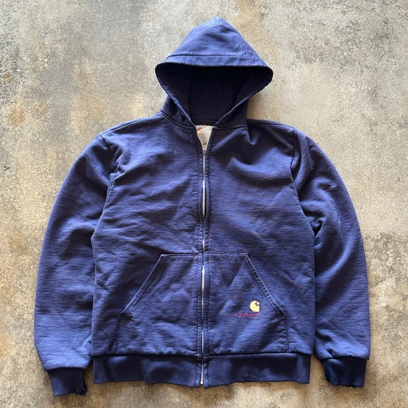 Vintage 80s Carhartt Full Zip Hoodie Mens Blue Workwear Activewear Jacket - Picture 1 of 3